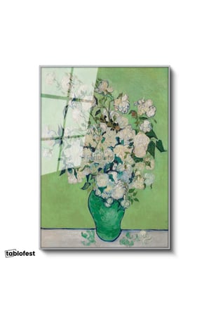 Gümüş Renk Metal Çerçeveli Tamperli Cam Tablo Vincent van Gogh Beyaz Güller ve Yeşil Vazo Zemin Ressam Tablosu Dekoru