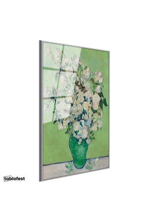 Gümüş Renk Metal Çerçeveli Tamperli Cam Tablo Vincent van Gogh Beyaz Güller ve Yeşil Vazo Zemin Ressam Tablosu Dekoru