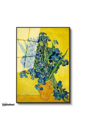 Siyah Renk Metal Çerçeveli Tamperli Cam Tablo Vincent van Gogh Mavi İrisler Sarı Fonlu Vazo Ressam Tablosu Dekoru