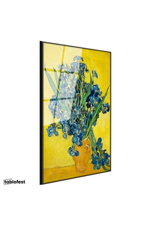 Siyah Renk Metal Çerçeveli Tamperli Cam Tablo Vincent van Gogh Mavi İrisler Sarı Fonlu Vazo Ressam Tablosu Dekoru