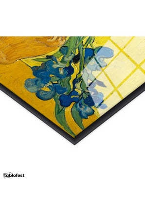 Siyah Renk Metal Çerçeveli Tamperli Cam Tablo Vincent van Gogh Mavi İrisler Sarı Fonlu Vazo Ressam Tablosu Dekoru