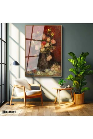 Altın Renk Metal Çerçeveli Tamperli Cam Tablo Vincent van Gogh Vazoda Pembe Kırmızı Çiçek Ressam Tablosu Duvar Dekoru