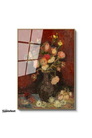 Altın Renk Metal Çerçeveli Tamperli Cam Tablo Vincent van Gogh Vazoda Pembe Kırmızı Çiçek Ressam Tablosu Duvar Dekoru
