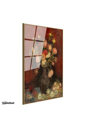 Altın Renk Metal Çerçeveli Tamperli Cam Tablo Vincent van Gogh Vazoda Pembe Kırmızı Çiçek Ressam Tablosu Duvar Dekoru