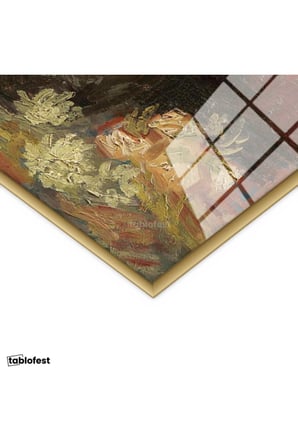 Altın Renk Metal Çerçeveli Tamperli Cam Tablo Vincent van Gogh Vazoda Pembe Kırmızı Çiçek Ressam Tablosu Duvar Dekoru