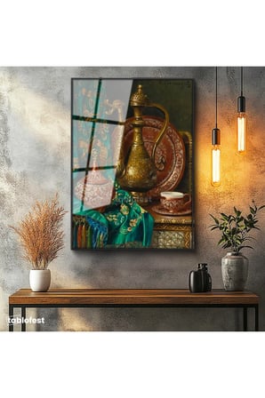 Siyah Renk Metal Çerçeveli Tamperli Cam Tablo Bakır İbrik Ve Kase Oryantalist Ressam Tablosu Duvar Dekoru