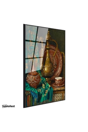 Siyah Renk Metal Çerçeveli Tamperli Cam Tablo Bakır İbrik Ve Kase Oryantalist Ressam Tablosu Duvar Dekoru