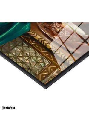 Siyah Renk Metal Çerçeveli Tamperli Cam Tablo Bakır İbrik Ve Kase Oryantalist Ressam Tablosu Duvar Dekoru