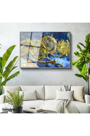 Gümüş Renk Metal Çerçeveli Tamperli Cam Tablo Vincent van Gogh Kurumuş Ayçiçekleri Mavi Zemin Ressam Tablosu Dekoru