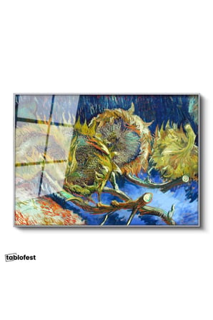 Gümüş Renk Metal Çerçeveli Tamperli Cam Tablo Vincent van Gogh Kurumuş Ayçiçekleri Mavi Zemin Ressam Tablosu Dekoru