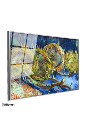 Gümüş Renk Metal Çerçeveli Tamperli Cam Tablo Vincent van Gogh Kurumuş Ayçiçekleri Mavi Zemin Ressam Tablosu Dekoru