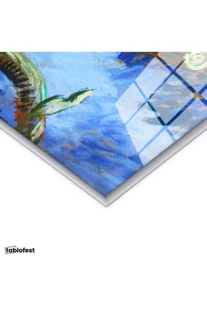 Gümüş Renk Metal Çerçeveli Tamperli Cam Tablo Vincent van Gogh Kurumuş Ayçiçekleri Mavi Zemin Ressam Tablosu Dekoru