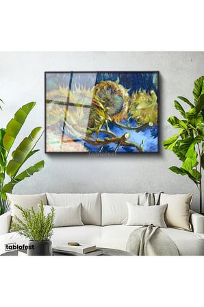 Siyah Renk Metal Çerçeveli Tamperli Cam Tablo Vincent van Gogh Kurumuş Ayçiçekleri Mavi Zemin Ressam Tablosu Dekoru