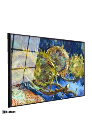 Siyah Renk Metal Çerçeveli Tamperli Cam Tablo Vincent van Gogh Kurumuş Ayçiçekleri Mavi Zemin Ressam Tablosu Dekoru