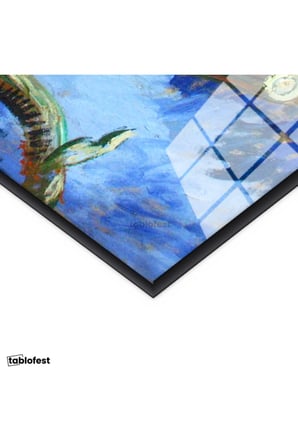 Siyah Renk Metal Çerçeveli Tamperli Cam Tablo Vincent van Gogh Kurumuş Ayçiçekleri Mavi Zemin Ressam Tablosu Dekoru