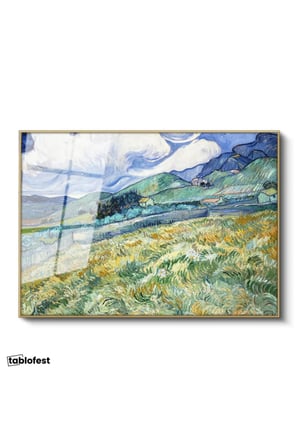 Altın Renk Metal Çerçeveli Tamperli Cam Tablo Vincent van Gogh Tepe ve Alan Manzarası Ressam Tablosu Duvar Dekoru