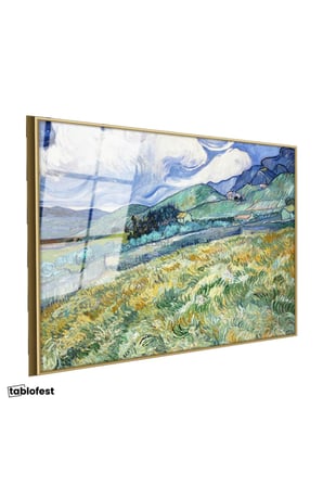 Altın Renk Metal Çerçeveli Tamperli Cam Tablo Vincent van Gogh Tepe ve Alan Manzarası Ressam Tablosu Duvar Dekoru