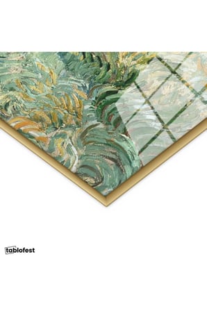 Altın Renk Metal Çerçeveli Tamperli Cam Tablo Vincent van Gogh Tepe ve Alan Manzarası Ressam Tablosu Duvar Dekoru