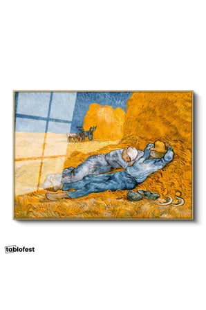 Altın Renk Metal Çerçeveli Tamperli Cam Tablo Vincent van Gogh Samanlıkta Uyuyanlar Ressam Tablosu Duvar Dekoru