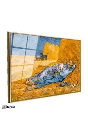 Altın Renk Metal Çerçeveli Tamperli Cam Tablo Vincent van Gogh Samanlıkta Uyuyanlar Ressam Tablosu Duvar Dekoru