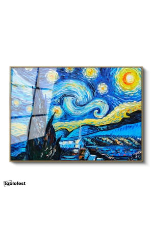 Altın Renk Metal Çerçeveli Tamperli Cam Tablo Vincent van Gogh Yıldızlı Gece Manzarası Ressam Tablosu Duvar Dekoru