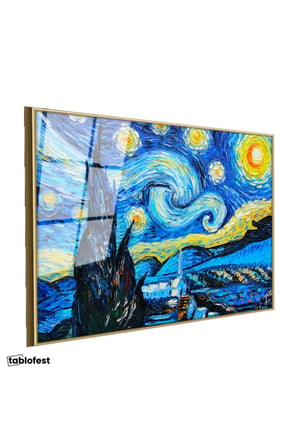 Altın Renk Metal Çerçeveli Tamperli Cam Tablo Vincent van Gogh Yıldızlı Gece Manzarası Ressam Tablosu Duvar Dekoru