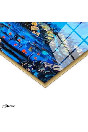 Altın Renk Metal Çerçeveli Tamperli Cam Tablo Vincent van Gogh Yıldızlı Gece Manzarası Ressam Tablosu Duvar Dekoru