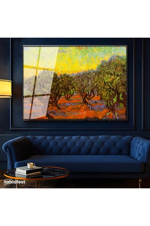 Siyah Renk Metal Çerçeveli Tamperli Cam Tablo Vincent van Gogh Zeytin Ağaçları Tarlası Ressam Tablosu Dekoru