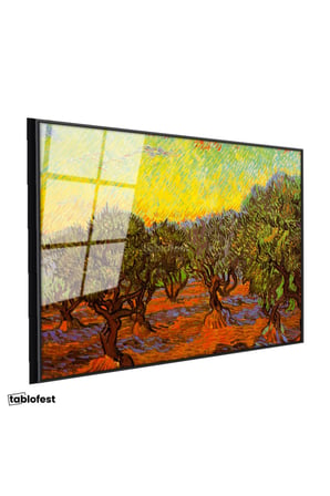 Siyah Renk Metal Çerçeveli Tamperli Cam Tablo Vincent van Gogh Zeytin Ağaçları Tarlası Ressam Tablosu Dekoru