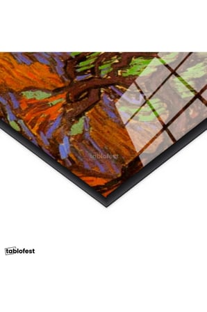 Siyah Renk Metal Çerçeveli Tamperli Cam Tablo Vincent van Gogh Zeytin Ağaçları Tarlası Ressam Tablosu Dekoru