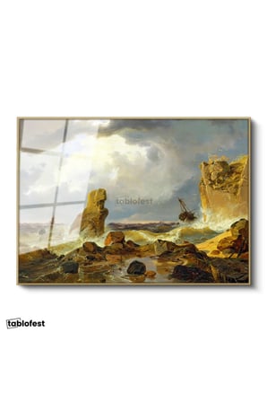 Altın Renk Metal Çerçeveli Tamperli Cam Tablo C.D. Friedrich Batık Gemi Fırtınalı Deniz Kayalık Ressam Tablosu Dekoru