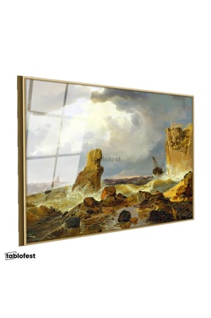 Altın Renk Metal Çerçeveli Tamperli Cam Tablo C.D. Friedrich Batık Gemi Fırtınalı Deniz Kayalık Ressam Tablosu Dekoru