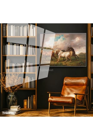 Gümüş Renk Metal Çerçeveli Tamperli Cam Tablo George Stubbs Atlar Fırtınalı Bulut Manzarası Ressam Tablosu Duvar Dekoru