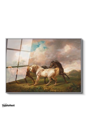 Gümüş Renk Metal Çerçeveli Tamperli Cam Tablo George Stubbs Atlar Fırtınalı Bulut Manzarası Ressam Tablosu Duvar Dekoru