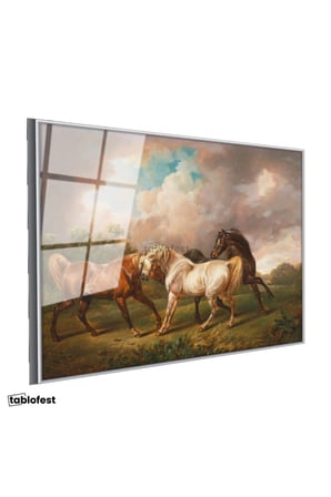 Gümüş Renk Metal Çerçeveli Tamperli Cam Tablo George Stubbs Atlar Fırtınalı Bulut Manzarası Ressam Tablosu Duvar Dekoru