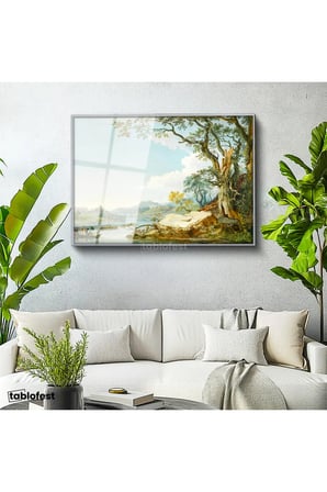 Gümüş Renk Metal Çerçeveli Tamperli Cam Tablo Paul Sandby Windsor Kalesi Nehir Kenarı Piknik Ressam Tablosu Duvar Dekoru