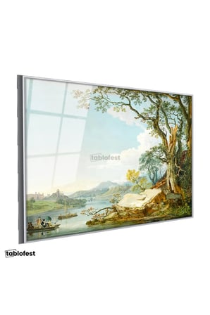 Gümüş Renk Metal Çerçeveli Tamperli Cam Tablo Paul Sandby Windsor Kalesi Nehir Kenarı Piknik Ressam Tablosu Duvar Dekoru