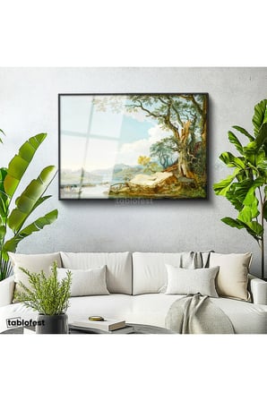 Siyah Renk Metal Çerçeveli Tamperli Cam Tablo Paul Sandby Windsor Kalesi Nehir Kenarı Piknik Ressam Tablosu Duvar Dekoru