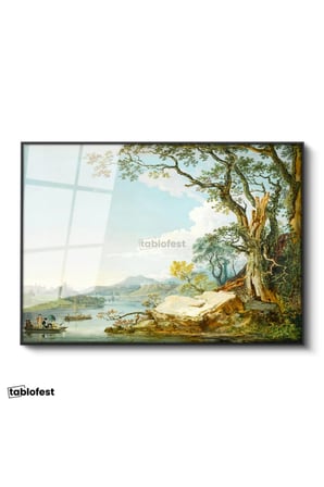 Siyah Renk Metal Çerçeveli Tamperli Cam Tablo Paul Sandby Windsor Kalesi Nehir Kenarı Piknik Ressam Tablosu Duvar Dekoru