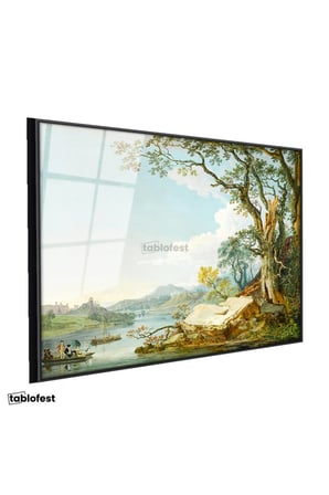 Siyah Renk Metal Çerçeveli Tamperli Cam Tablo Paul Sandby Windsor Kalesi Nehir Kenarı Piknik Ressam Tablosu Duvar Dekoru