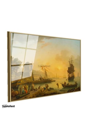 Altın Renk Metal Çerçeveli Tamperli Cam Tablo C.J. Vernet Sakin Liman Manzarası Ressam Tablosu Duvar Dekoru