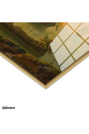 Altın Renk Metal Çerçeveli Tamperli Cam Tablo C.J. Vernet Sakin Liman Manzarası Ressam Tablosu Duvar Dekoru