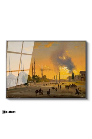 Gümüş Renk Metal Çerçeveli Tamperli Cam Tablo Ippolito Caffi Sultanahmet Meydanı Obelisk Minare Ressam Tablosu Dekoru