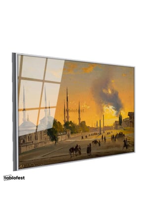 Gümüş Renk Metal Çerçeveli Tamperli Cam Tablo Ippolito Caffi Sultanahmet Meydanı Obelisk Minare Ressam Tablosu Dekoru