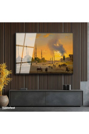 Siyah Renk Metal Çerçeveli Tamperli Cam Tablo Ippolito Caffi Sultanahmet Meydanı Obelisk Minare Ressam Tablosu Dekoru