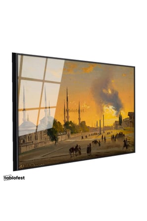 Siyah Renk Metal Çerçeveli Tamperli Cam Tablo Ippolito Caffi Sultanahmet Meydanı Obelisk Minare Ressam Tablosu Dekoru