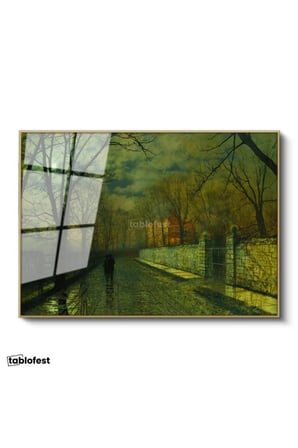 Altın Renk Metal Çerçeveli Tamperli Cam Tablo J.A. Grimshaw Yağmurlu Yol Gece Mehtaplı Figürler Ressam Tablosu Dekoru