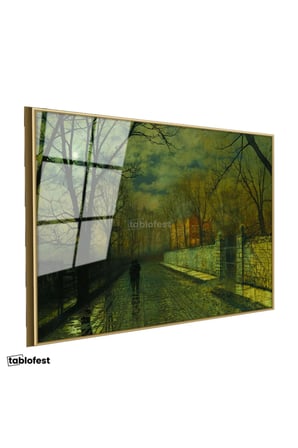 Altın Renk Metal Çerçeveli Tamperli Cam Tablo J.A. Grimshaw Yağmurlu Yol Gece Mehtaplı Figürler Ressam Tablosu Dekoru