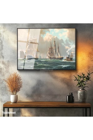 Siyah Renk Metal Çerçeveli Tamperli Cam Tablo John Stobart Denizde Yelkenliler Buharlı Ressam Tablosu Duvar Dekoru