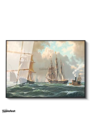 Siyah Renk Metal Çerçeveli Tamperli Cam Tablo John Stobart Denizde Yelkenliler Buharlı Ressam Tablosu Duvar Dekoru